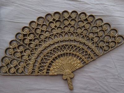 Vintage Gold Decorative Woven Plastic Fan Wall Hanging Decor Swirl Scroll Design