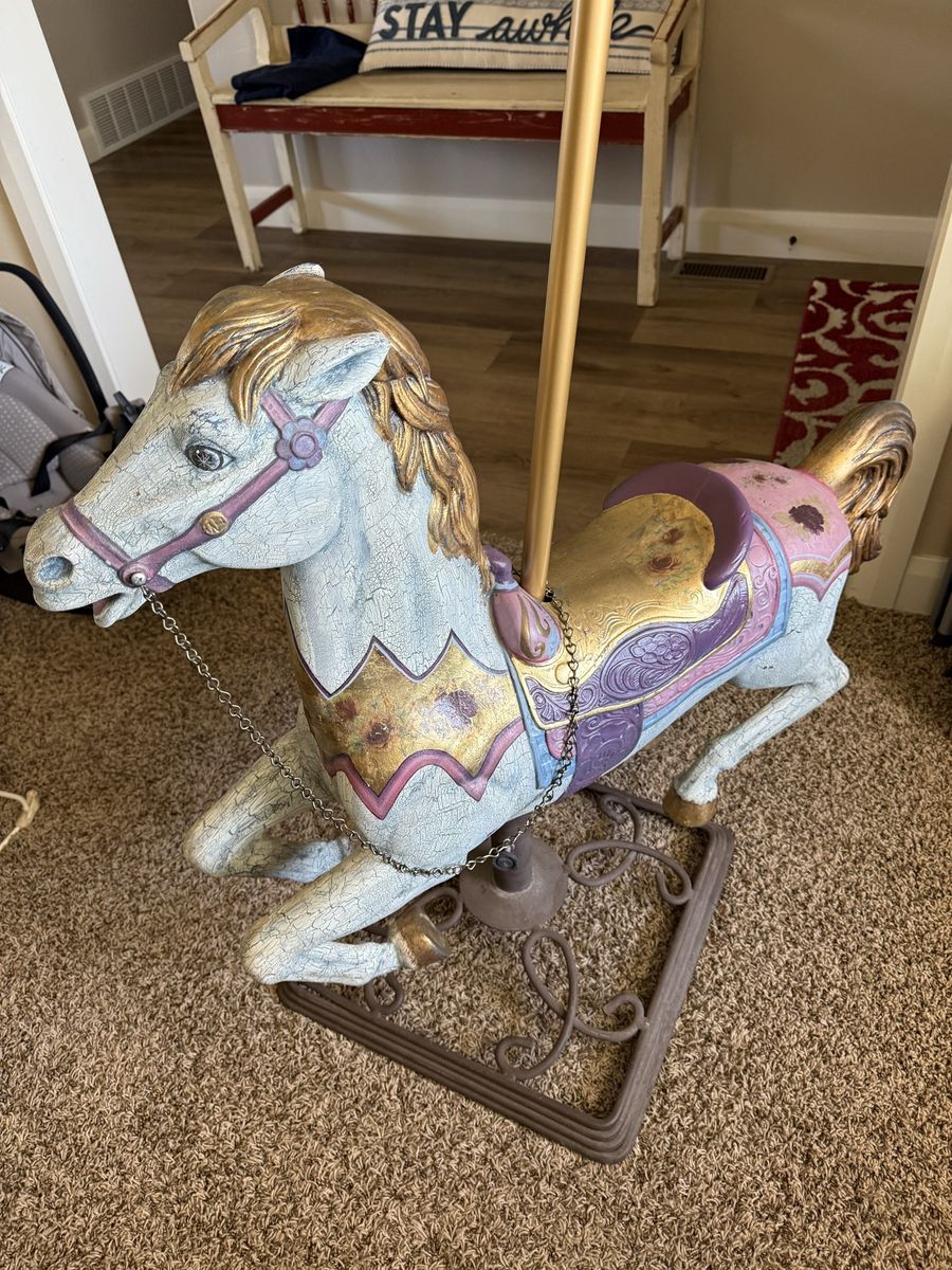 Vintage Carousel Horse Figurine Statue Decoration - Distressed Light Blue & Gold Accent