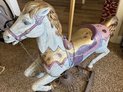 Vintage Carousel Horse Figurine Statue Decoration - Distressed Light Blue & Gold Accent