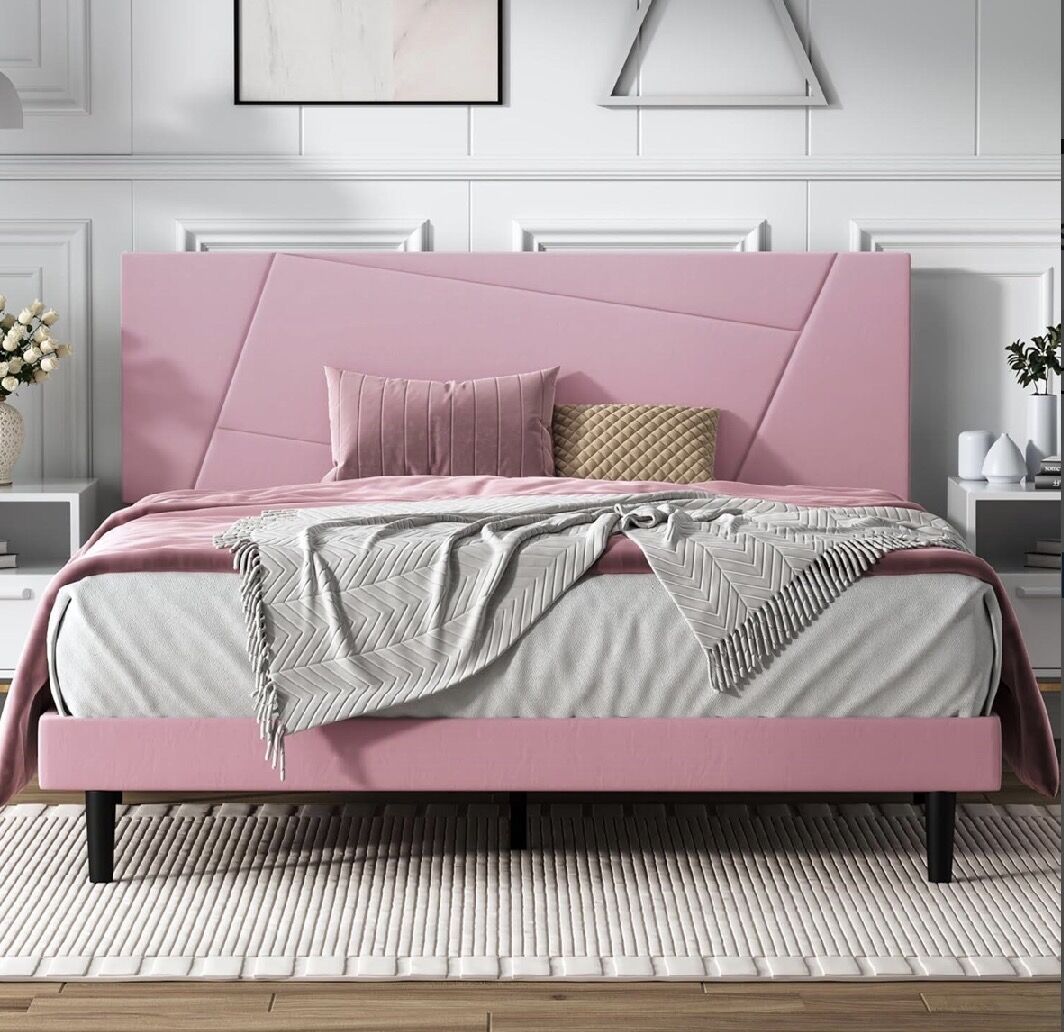 Queen Size PINK Bed Frame with Velvet Headboard
