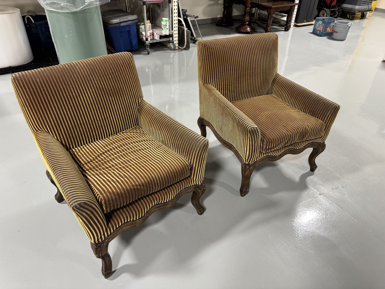 Pair of High-End Striped Upholstered Accent Chairs with Cabriole Legs - Excellent Condition