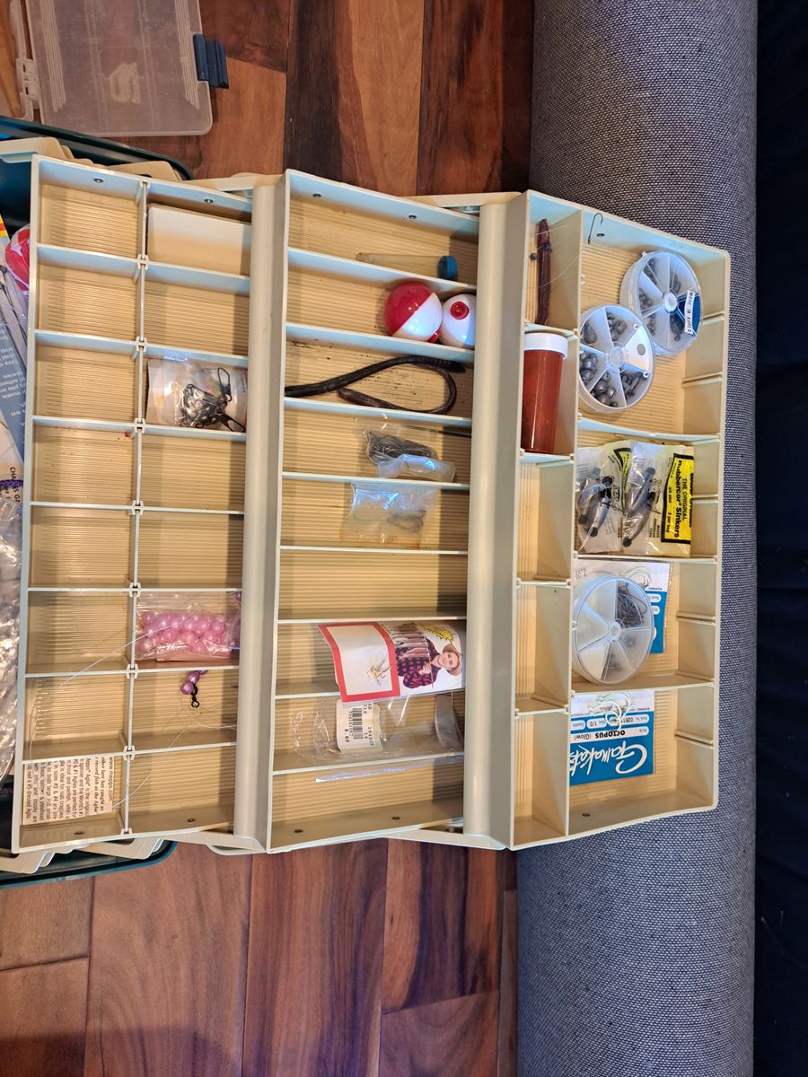 Fishing stuff tackle box hooks etc