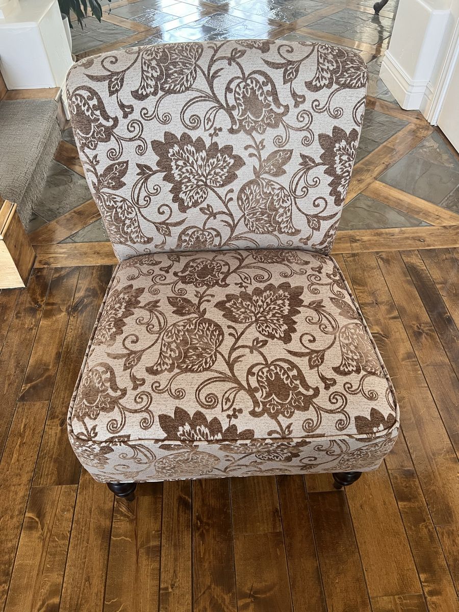 Accent Slipper Chair - Brown Floral Upholstery, Wooden Legs - Excellent Condition