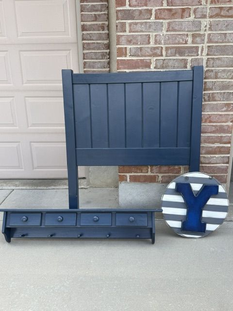 Twin Navy Solid Wood Headboard w/ Matching Storage Shelf & BYU Room Decor