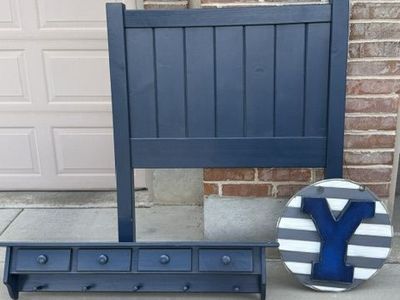 Twin Navy Solid Wood Headboard w/ Matching Storage Shelf & BYU Room Decor
