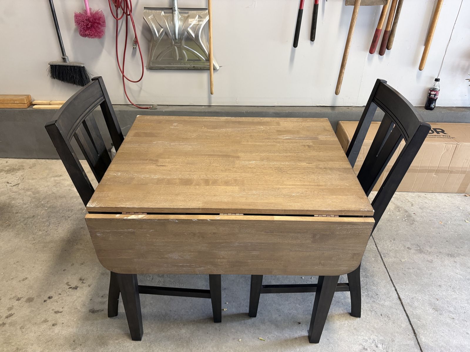 Distressed Drop Leaf Dining Table Set with Two Chairs Wood and Dark wood Finish