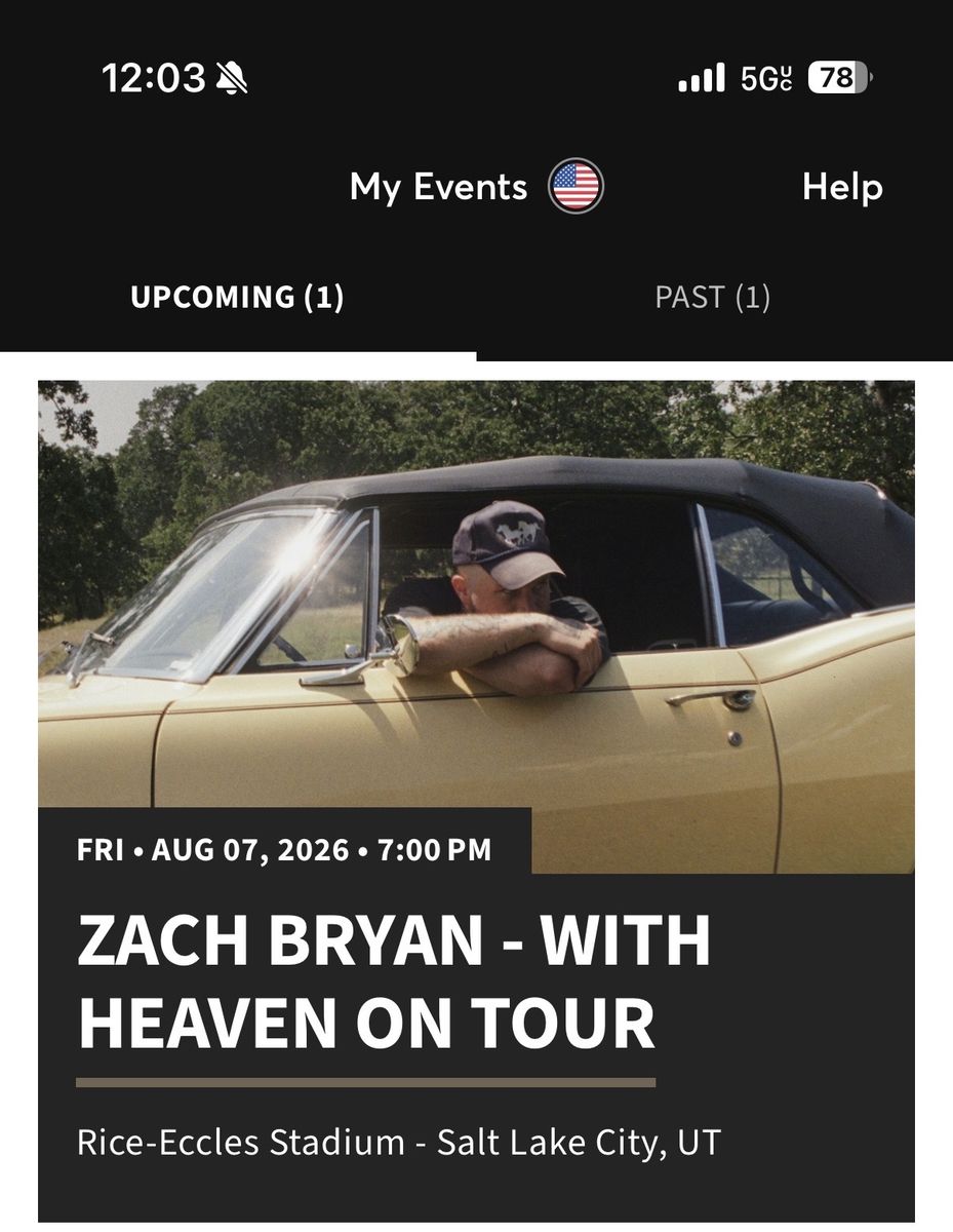 2 tickets to see Zach Bryan with Heaven On Tour - Rice-Eccles Stadium - Aug 7, 2026 - Salt Lake City, UT