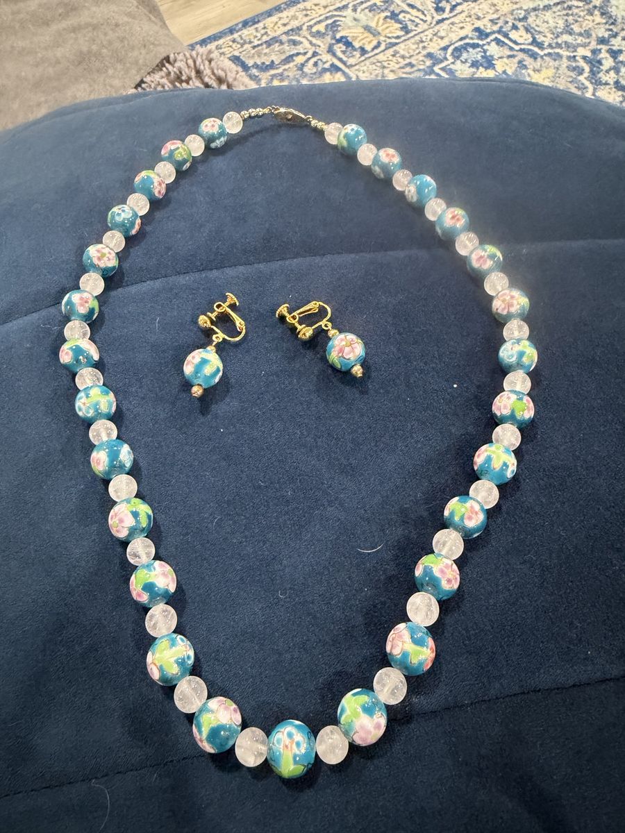 Vintage Blue Floral Porcelain Bead Necklace and Clip-On Earrings Set