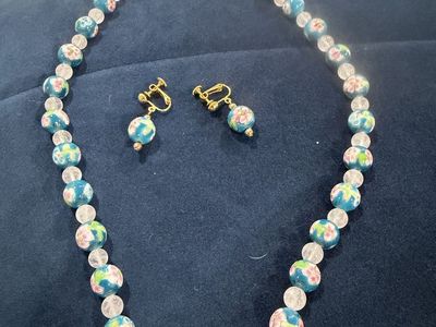 Vintage Blue Floral Porcelain Bead Necklace and Clip-On Earrings Set