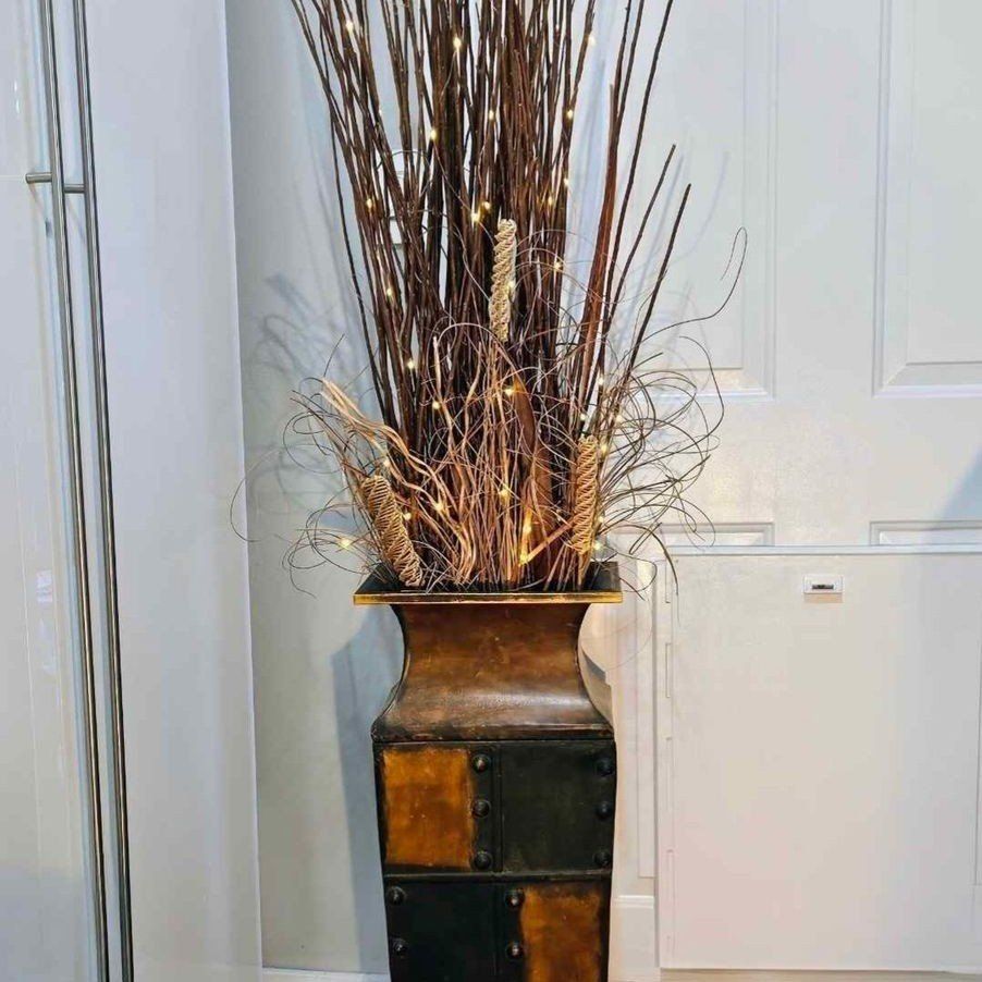 Tall Floor Vase with Decorative Branches and Fairy Lights