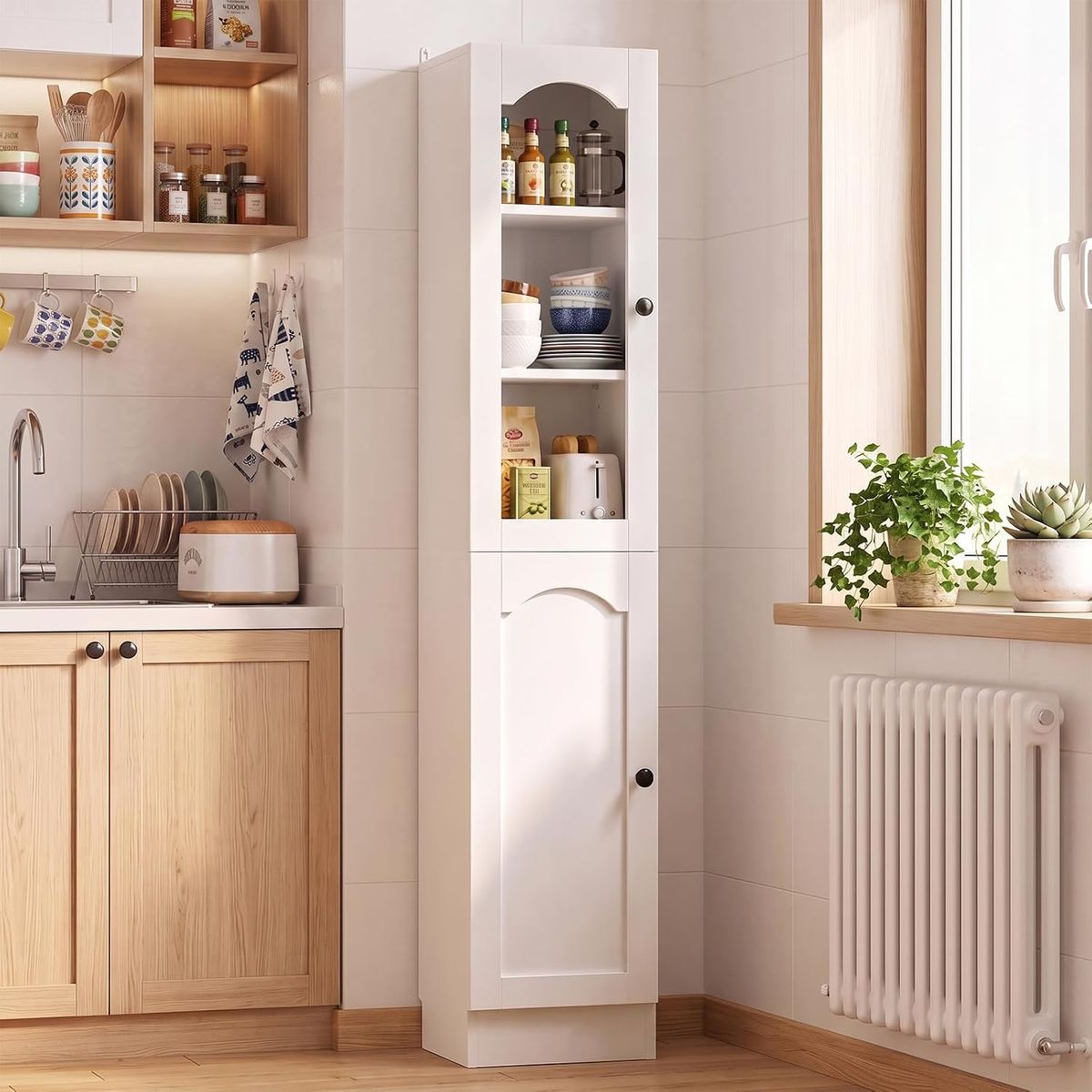 63" Tall Narrow Pantry Cabinet - Arched Glass Door - 5-Tier - 11.8" Slim Footprint with Display Shelves - Concealed Storage