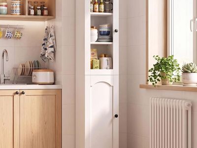 63" Tall Narrow Pantry Cabinet - Arched Glass Door - 5-Tier - 11.8" Slim Footprint with Display Shelves - Concealed Storage