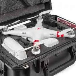 White drone with controller and case