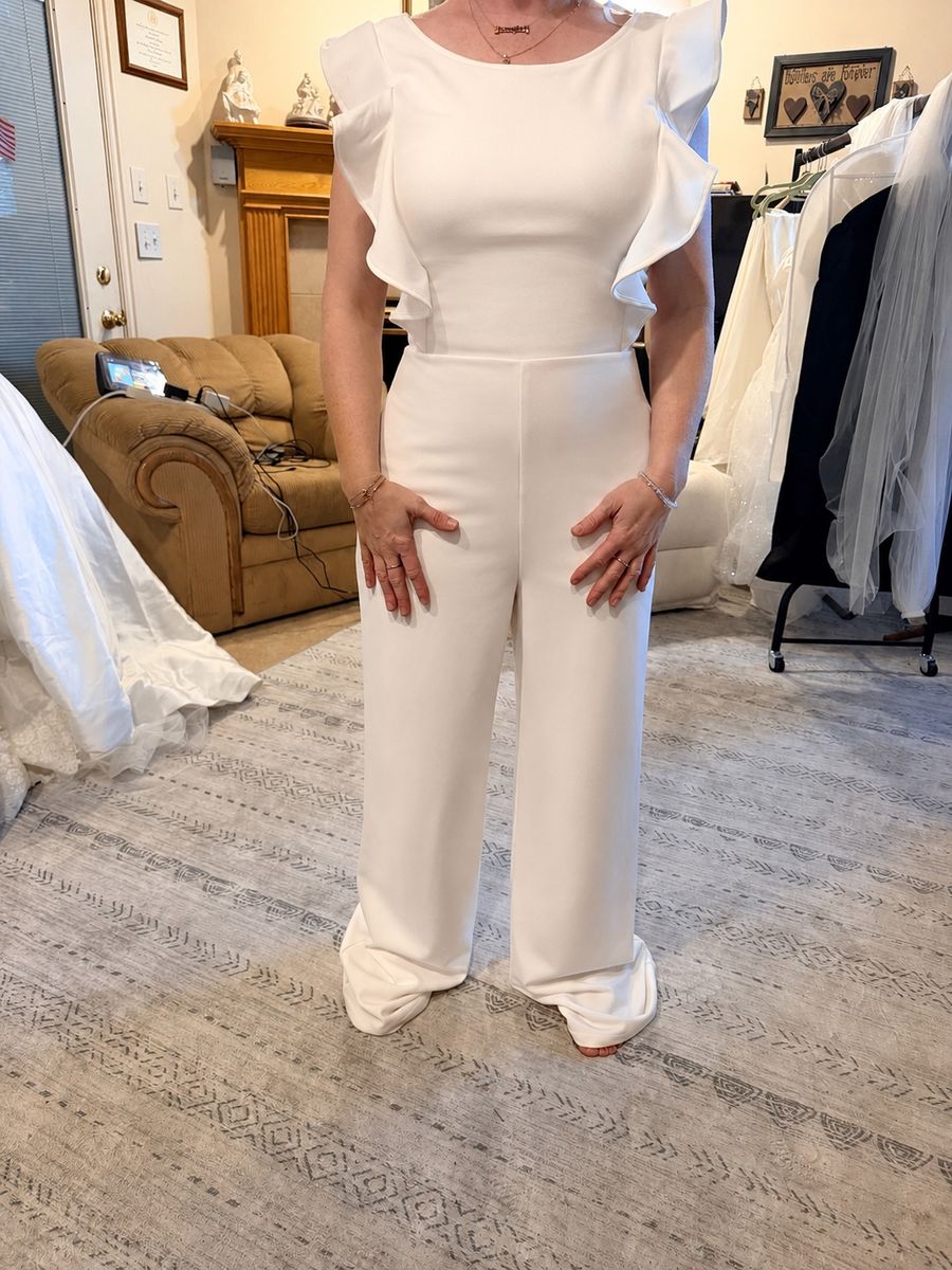 Elegant White Bridal Jumpsuit with Ruffle Sleeves and Open Back