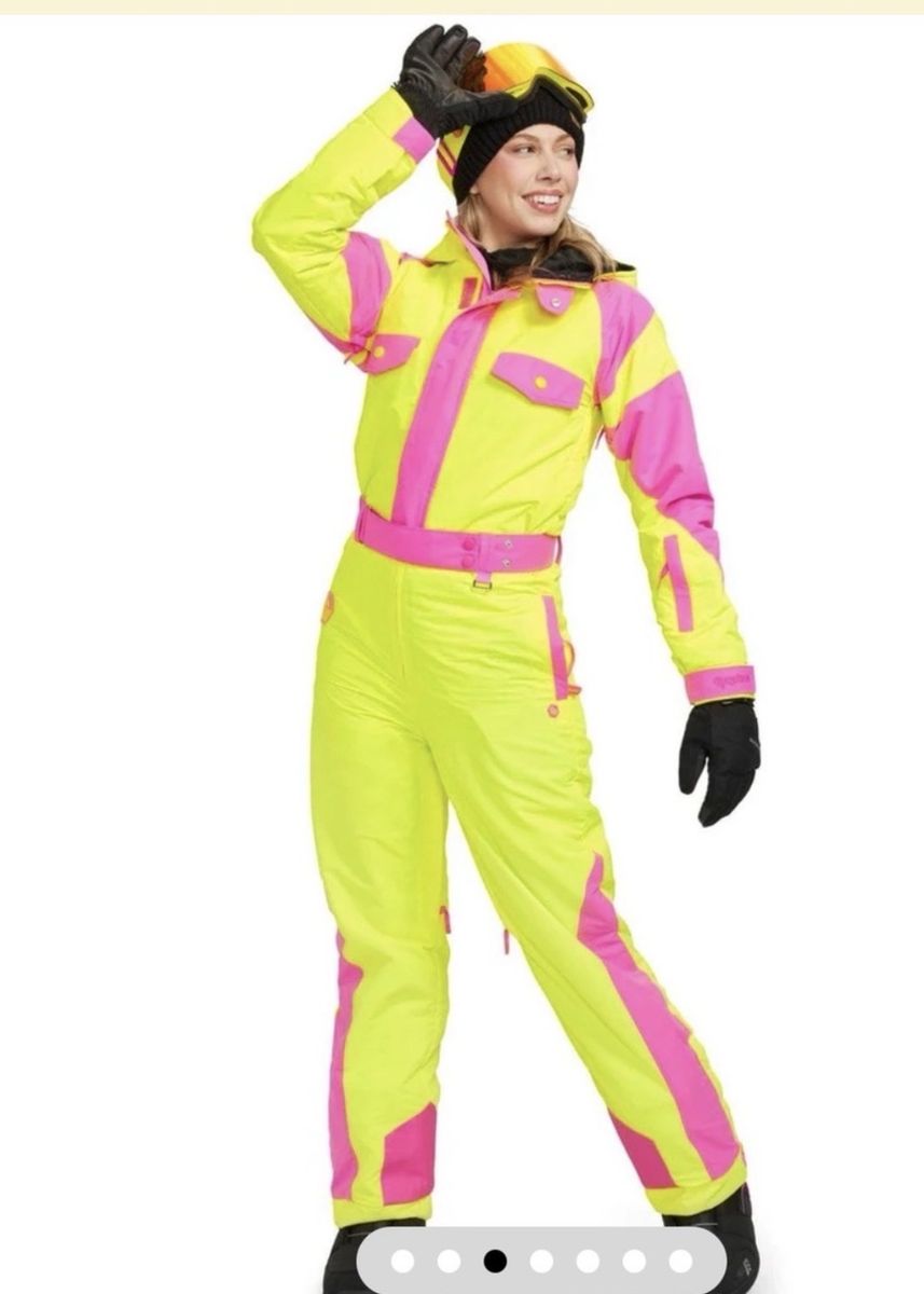 Tipsy Elves Neon Yellow Pink Retro Ski Snowboard Suit Snowsuit Women's (Size Medium)