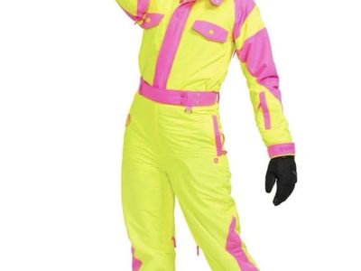 Tipsy Elves Neon Yellow Pink Retro Ski Snowboard Suit Snowsuit Women's (Size Medium)