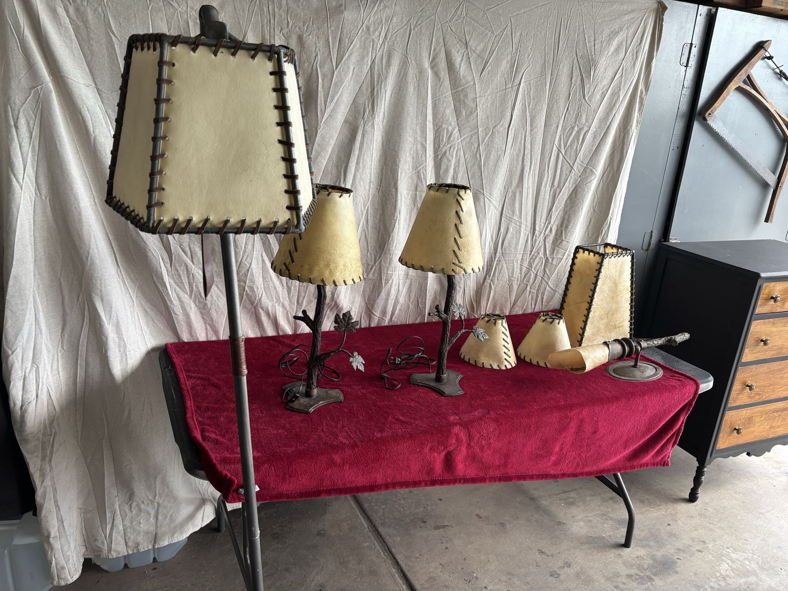 Rustic Forged Metal & Stitched Leather Lamp Set - Floor, Desk & Wall Lamps