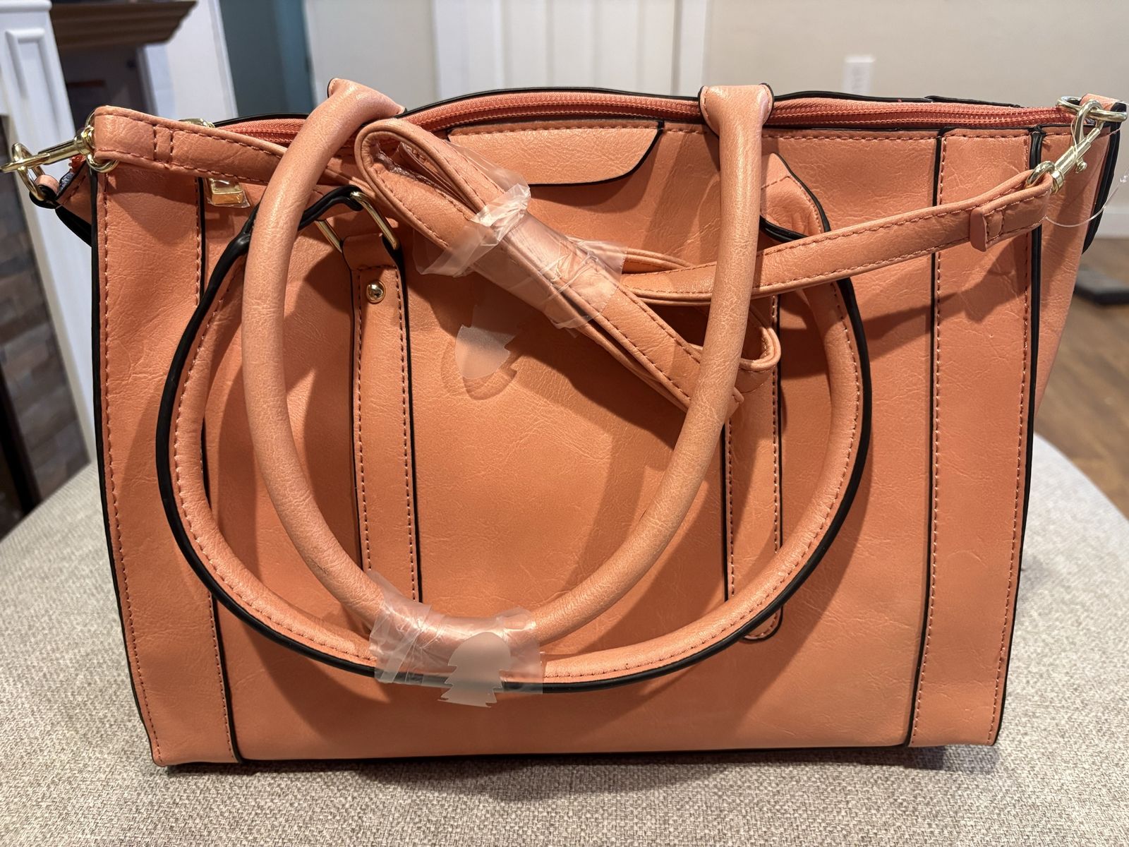 Stylish Peach Faux Leather Satchel Handbag with Shoulder Strap - New