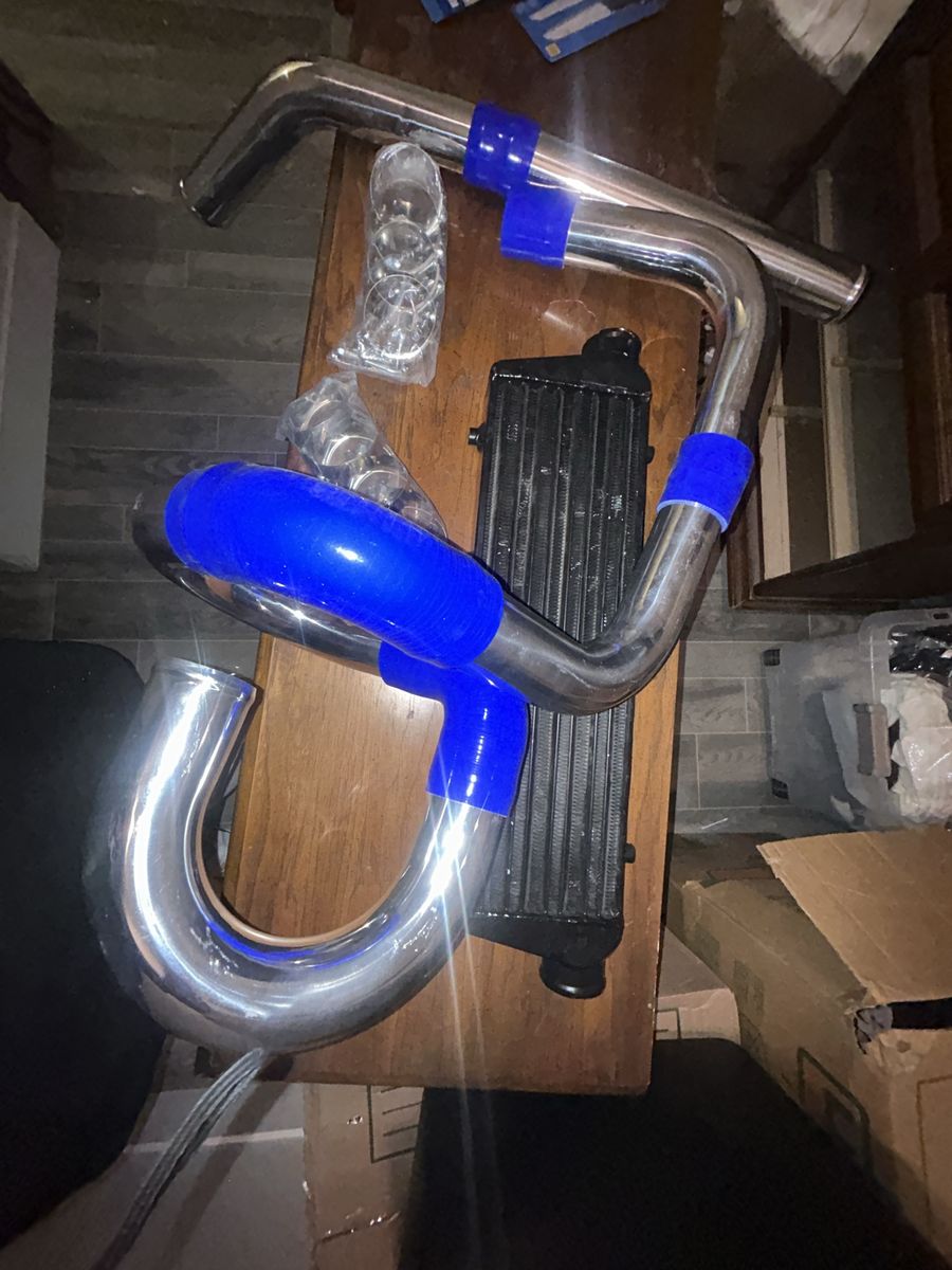 Universal Front Mount Intercooler Kit Aluminum Piping Blue Silicone Hoses Clamps