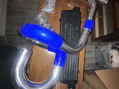Universal Front Mount Intercooler Kit Aluminum Piping Blue Silicone Hoses Clamps