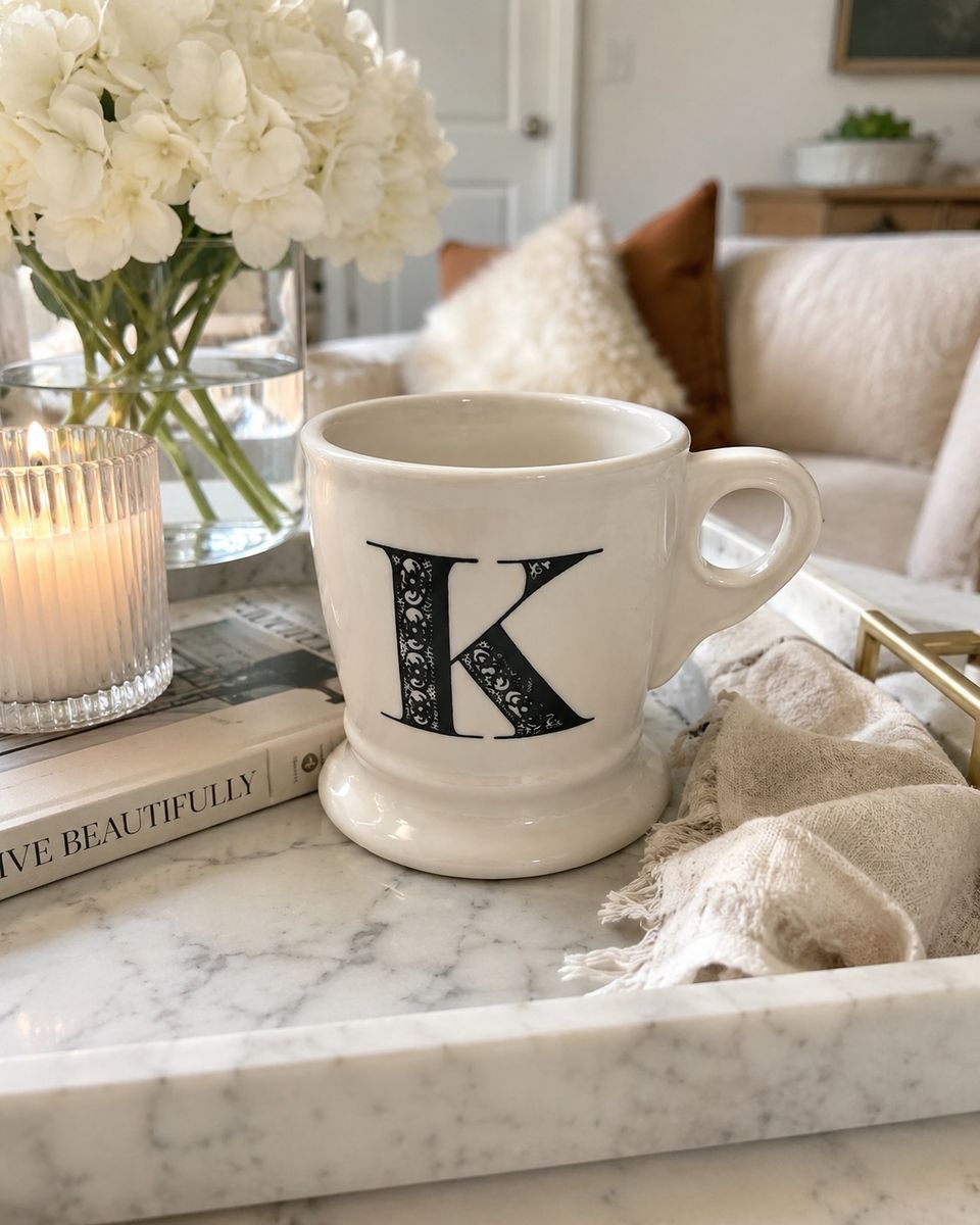 Anthropologie Ceramic Coffee Mug Letter K White Black Monogram