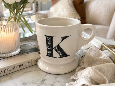 Anthropologie Ceramic Coffee Mug Letter K White Black Monogram