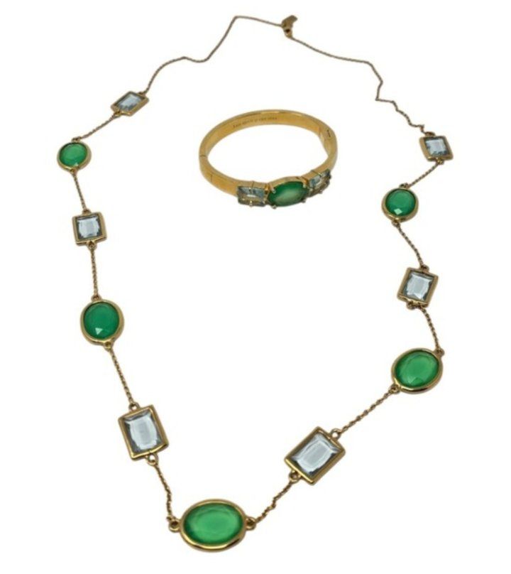 Kate Spade NY Green Cabochon Blue Crystal Necklace & Hinged Bangle Bracelet Se