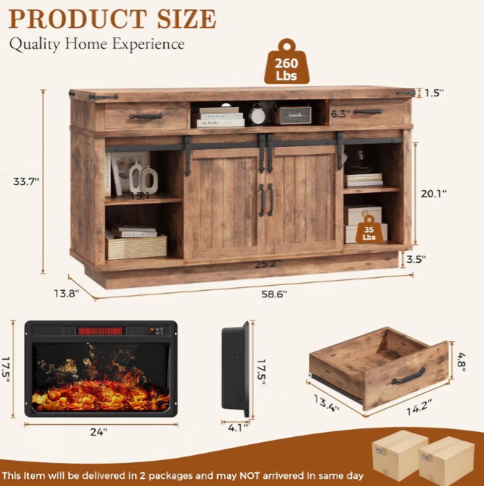 Jocoevol 58" Farmhouse TV Stand for TVs up to 65", Entertainment Center with 2 Large Storage Drawers, Sliding Barn Doors, Adjust