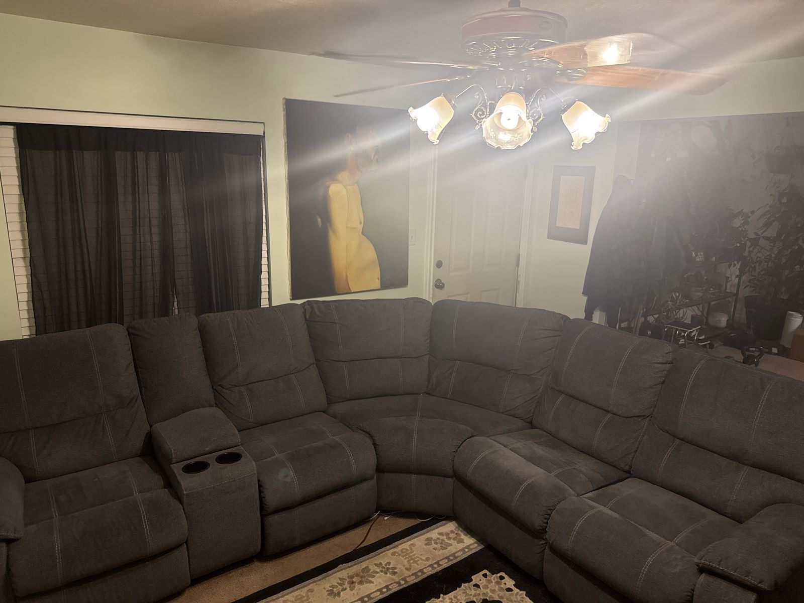 Large Gray Fabric Sectional Sofa with Reclining Seats and Console