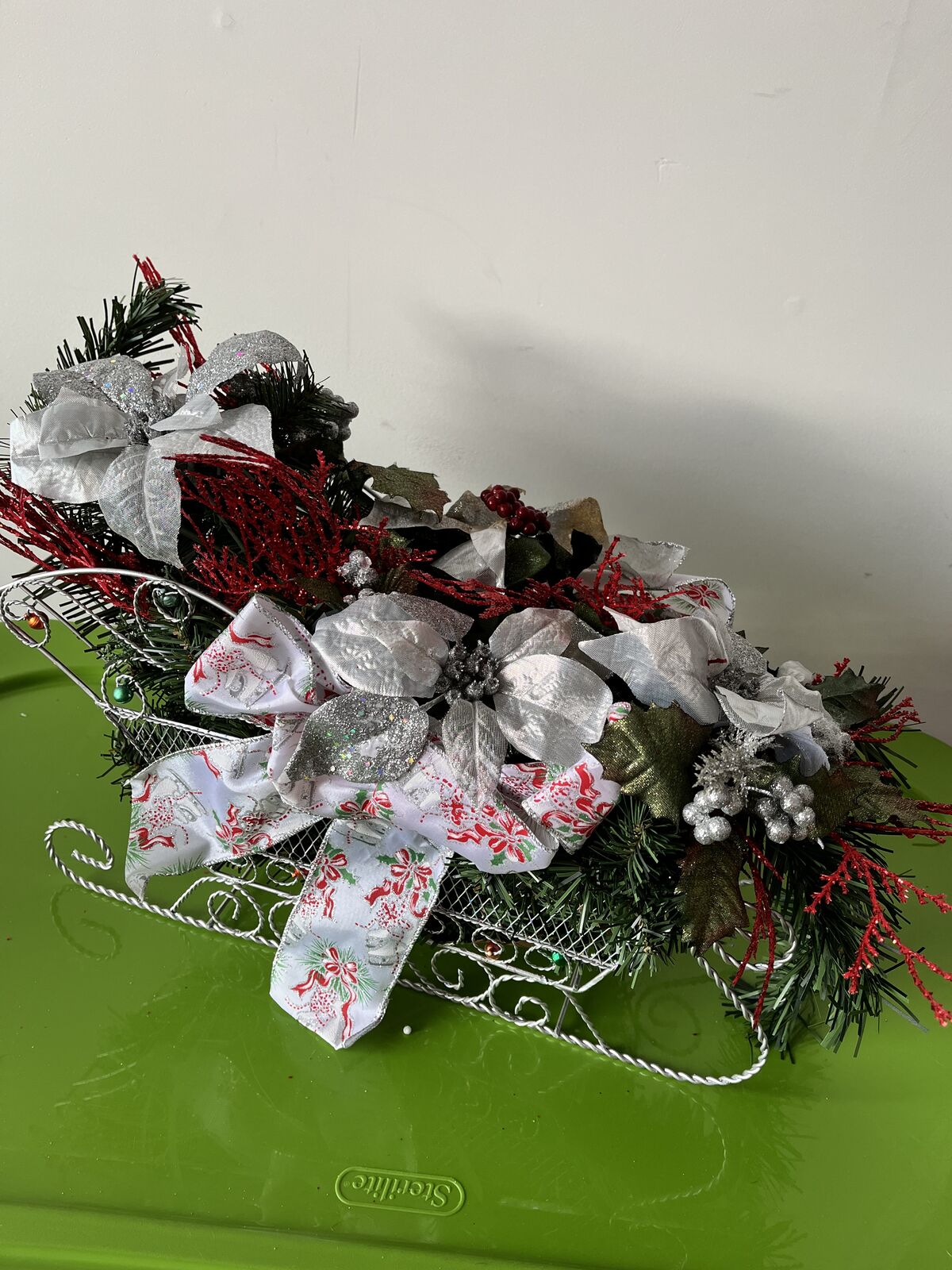 Silver Holiday Sleigh Fake Centerpiece