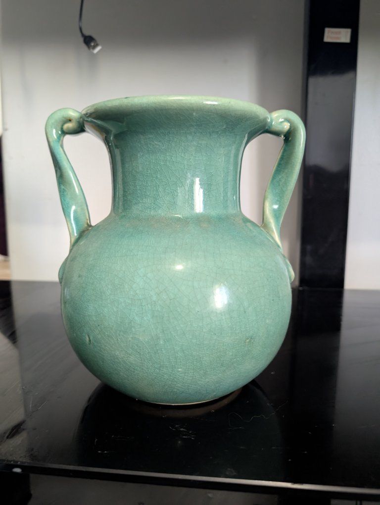 Vintage Green Ceramic Crackle Glaze Two-Handled Urn Vase