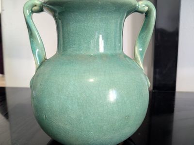 Vintage Green Ceramic Crackle Glaze Two-Handled Urn Vase
