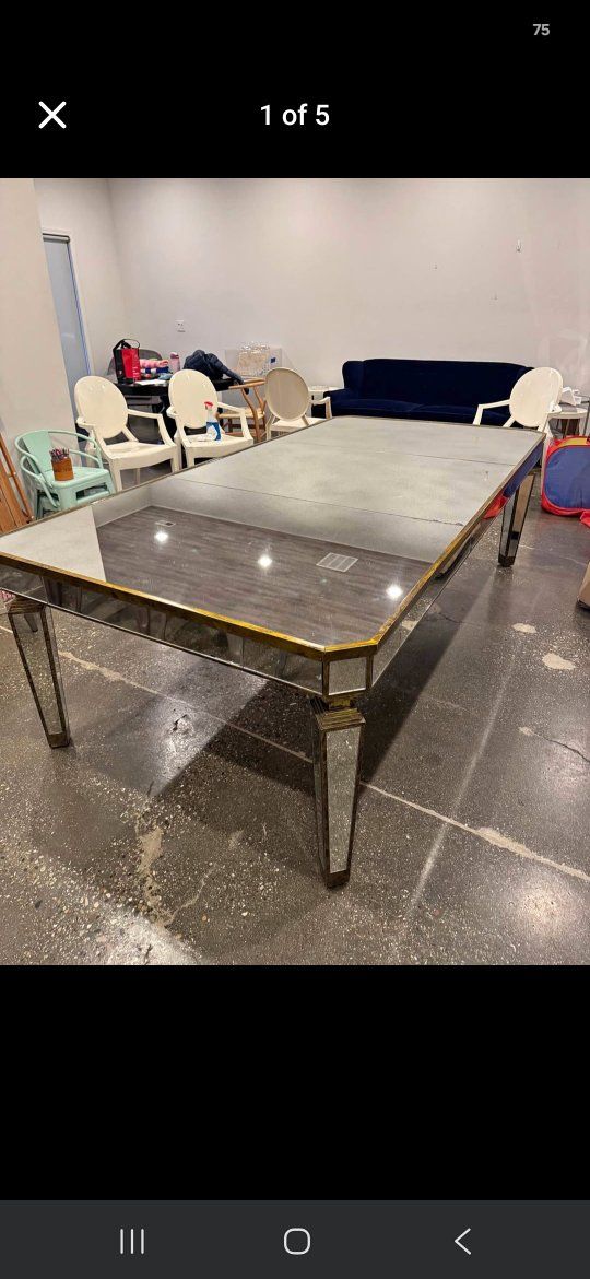 antiqued Mirrored Glass & Gold Dining Table - Modern Glamour Design, Versatile Seating