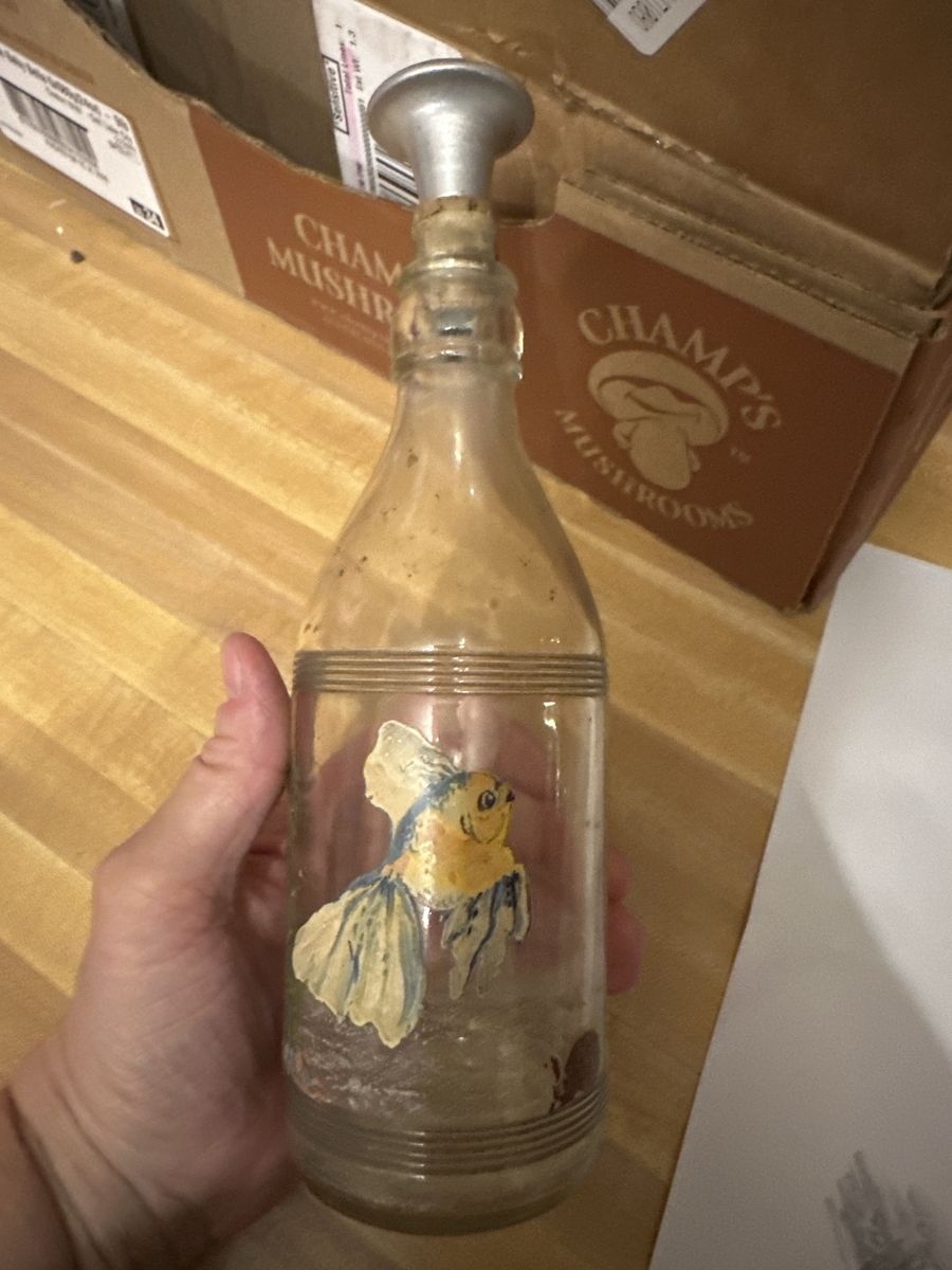 Vintage Clear Glass Laundry Sprinkler Bottle with Painted Angel Fish Design and Metal Top