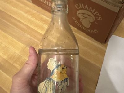 Vintage Clear Glass Laundry Sprinkler Bottle with Painted Angel Fish Design and Metal Top