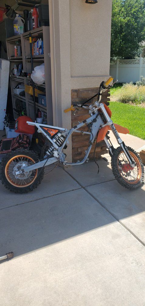 KTM 65cc Dirt Bike Frame & Parts - Rolling Chassis, Orange Fenders, Exhaust