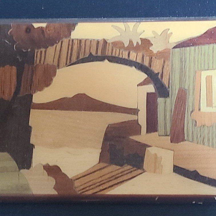Vintage Wood Inlay Marquetry Wall Art Landscape Scene