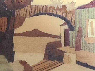 Vintage Wood Inlay Marquetry Wall Art Landscape Scene