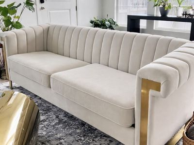 Modern Cream Velvet Sofa with Gold Accents