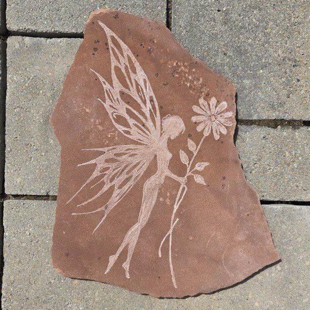 Fairy and Flower Engraved Stone Stepping Stone - Handcrafted Garden Decor, Yard Art, Outdoor Landscaping Accent, Fairy Garden