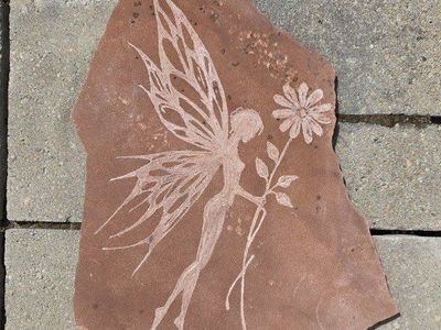 Fairy and Flower Engraved Stone Stepping Stone - Handcrafted Garden Decor, Yard Art, Outdoor Landscaping Accent, Fairy Garden