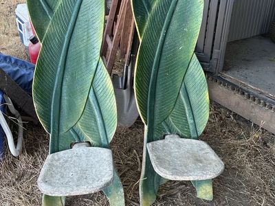 Pair of Vintage Green Banana Leaf Patio Chairs - Concrete / Molded Garden Decor