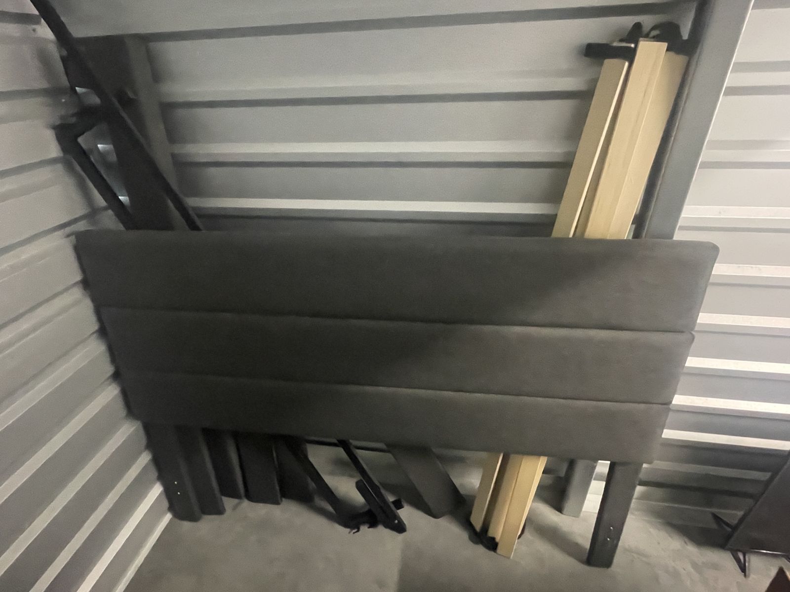 Gray Upholstered Bed Frame with Headboard and Wooden Slats