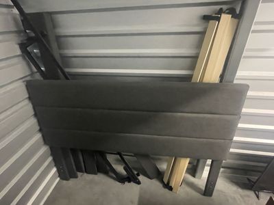 Gray Upholstered Bed Frame with Headboard and Wooden Slats
