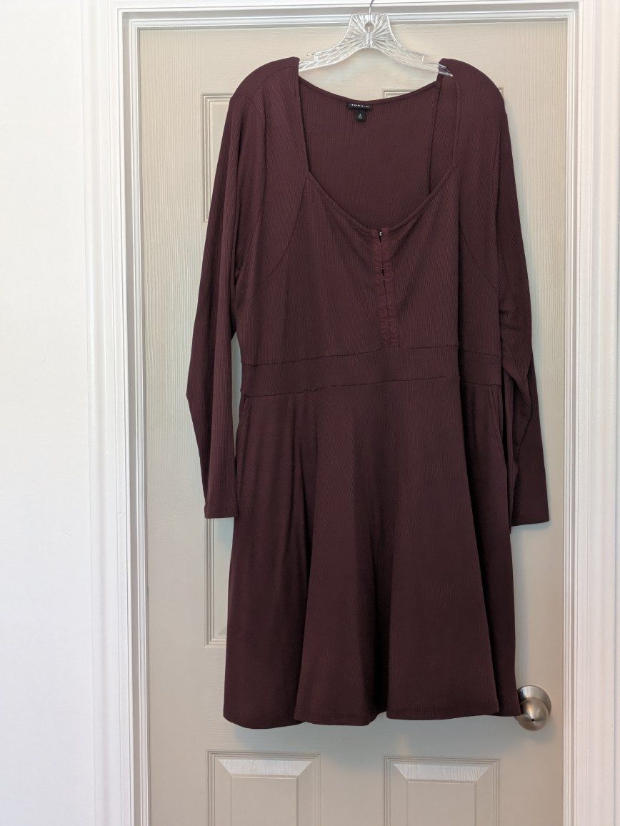 Torrid Burgundy Ribbed Long Sleeve Skater Dress - Plus Size 0 (Equivalent to Large)