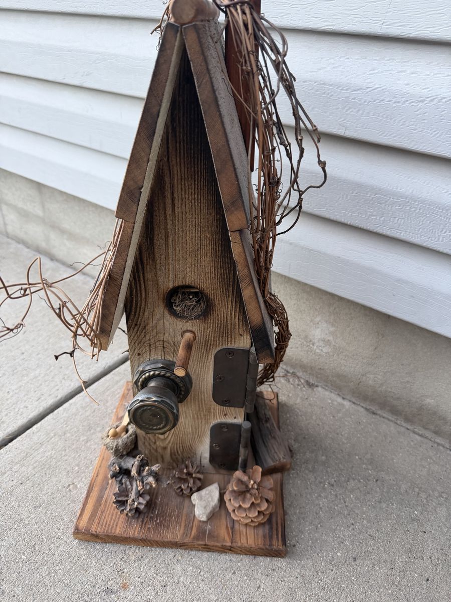 Rustic Handcrafted Wooden Birdhouse with Doorknob and Pinecone Accents