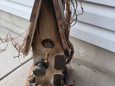 Rustic Handcrafted Wooden Birdhouse with Doorknob and Pinecone Accents