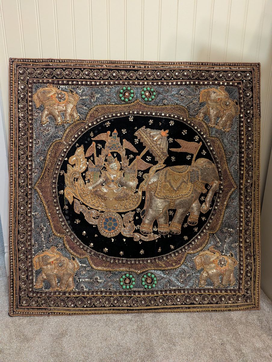 Vintage Burmese Kalaga Elephant and Chariot Tapestry