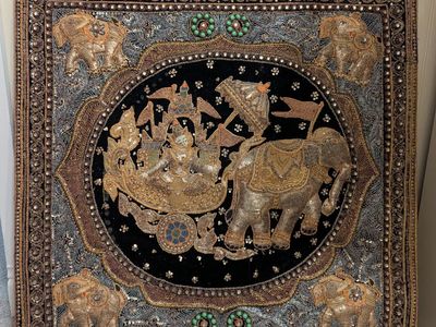 Vintage Burmese Kalaga Elephant and Chariot Tapestry