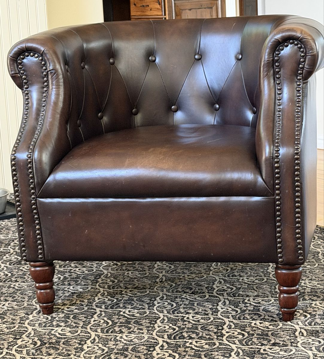 Luxurious Brown Leather Tufted Accent Club Chair - Chesterfield Style with Nailhead Trim
